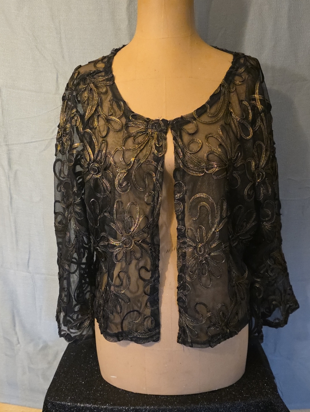 Nina Leonard Black Embroidered Sheer Cardigan